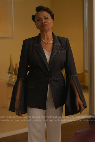 Patricia's denim bell sleeve blazer on I Love That For You