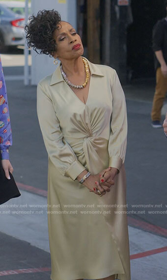 Patricia's green satin twist front dress on I Love That For You
