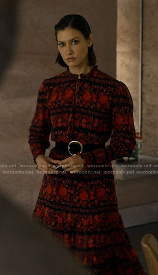 Ren's red and black floral dress on Big Sky