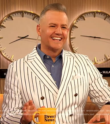 Ross Mathew's white pinstripe blazer on The Drew Barrymore Show