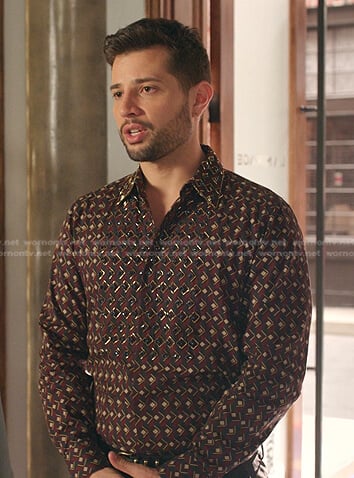 Sam's brown geometric shirt on Dynasty