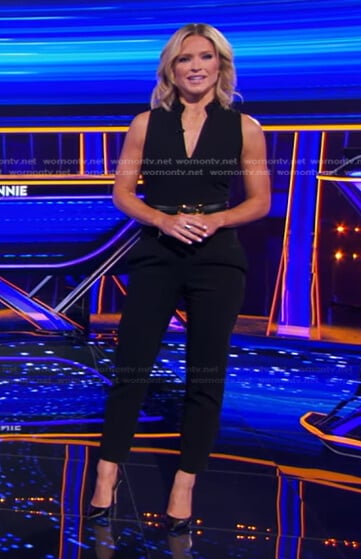 Sara's black sleeveless jumpsuit on The Chase