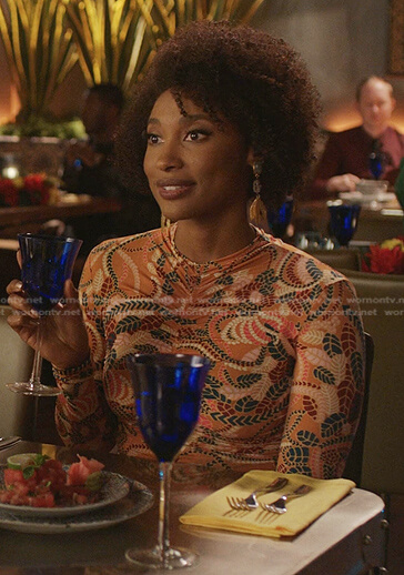 Sasha's orange printed ruched dress on Dynasty