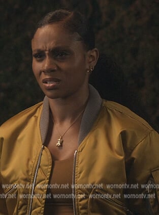 Simone's yellow satin bomber jacket on All American Homecoming