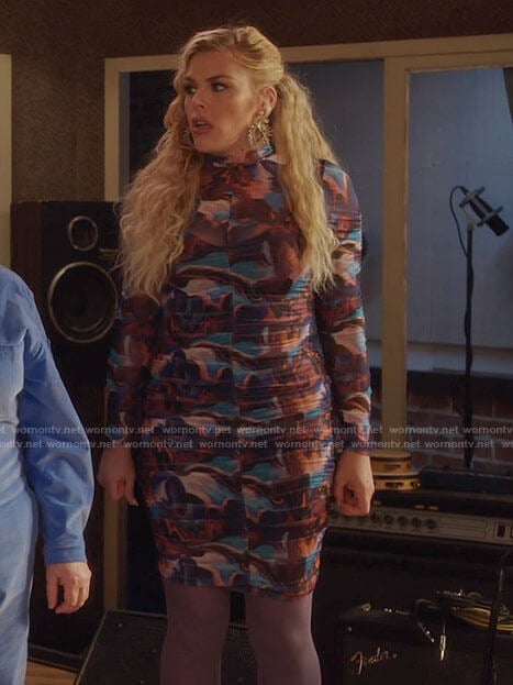Summer's abstract print ruched mesh dress on Girls5eva