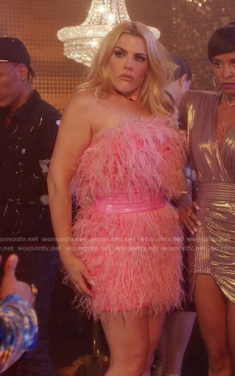 Summer's pink strapless feather dress on Girls5eva