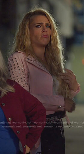 Summer's pink grommet studded moto jacket on Girls5eva