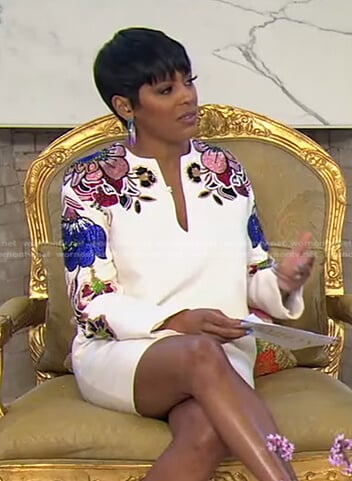 Tamron's white floral embellished mini dress on Tamron Hall Show