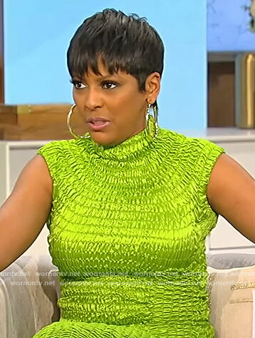 Tamron's green smocked midi dress on Tamron Hall Show