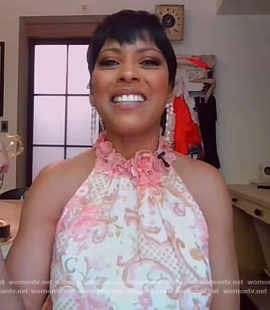 Tamron's orange floral print halter top on Tamron Hall Show