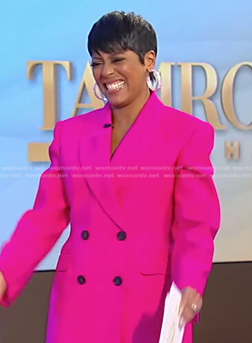 Tamron's fuchsia double breasted blazer on Tamron Hall Show