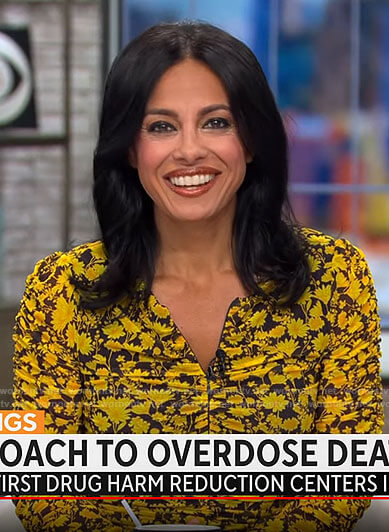 Tara Narula's yellow floral ruched dress on CBS Mornings
