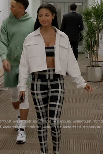Thea's black plaid sports bra and leggings on All American Homecoming
