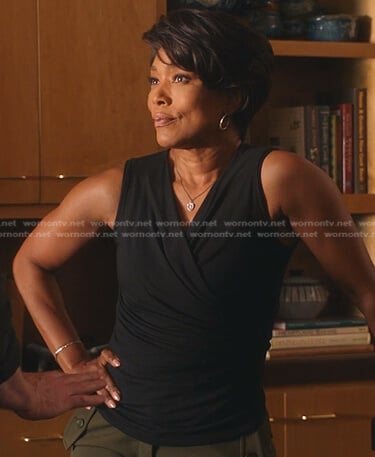 Athena's black sleeveless wrap top on 9-1-1