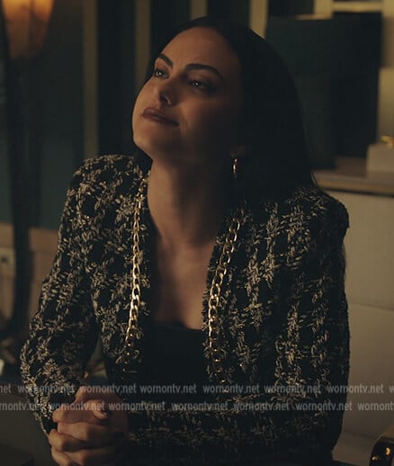 Veronica's black tweed chain embellished jacket on Riverdale