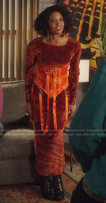 Wickie's orange velvet maxi dress and corset on Girls5eva