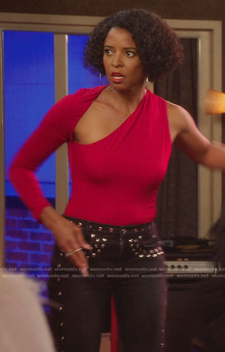 Wickie's red asymmetric top and studded jeans on Girls5eva