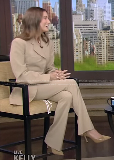 Hailey Bieber's beige blazer and pants on Live with Kelly and Ryan