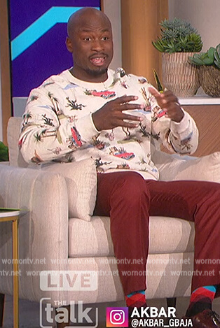 Akbar's white car printed sweatshirt on The Talk