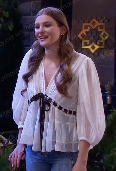 Allie's white lace inset tie waist top on Days of our Lives