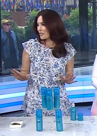 Amy E. Goodman's white and blue floral ruffle mini dress on Today