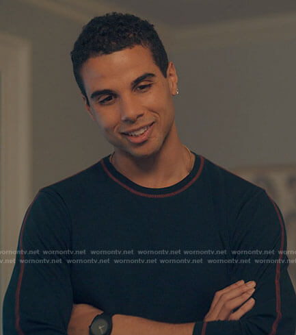Andrew's navy long sleeve tee with red stitching on Love Victor