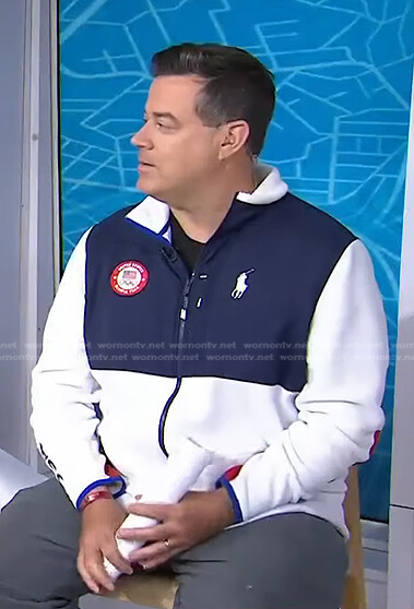 Carson Daly's white colorblock fleece jacket on Today