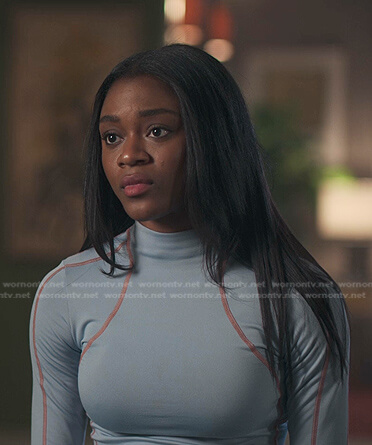 Cal's blue contrast stitch top and denim shorts on First Kill