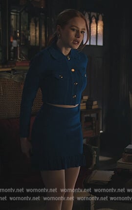 Cheryl's blue cropped jacket and ruffle hem mini skirt on Riverdale