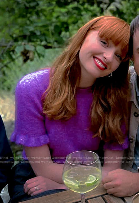 Chloe's purple ruffle trim sweater on Chloe