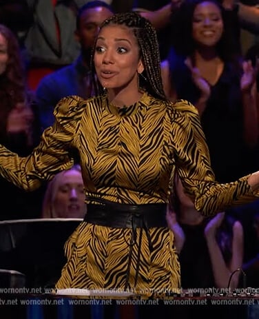 Corinne's tiger stripe dress on Beat Shazam