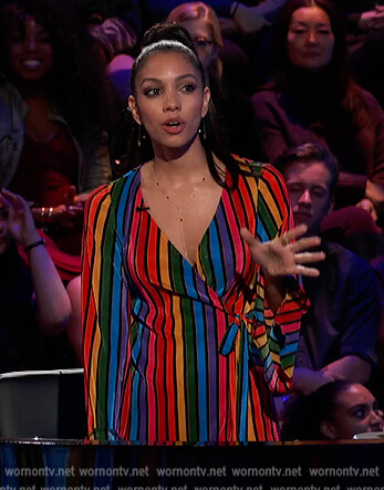Corinne's rainbow stripe romper on Beat Shazam