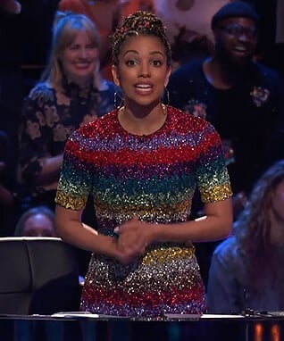 Corinne's rainbow metallic stripe dress on Beat Shazam