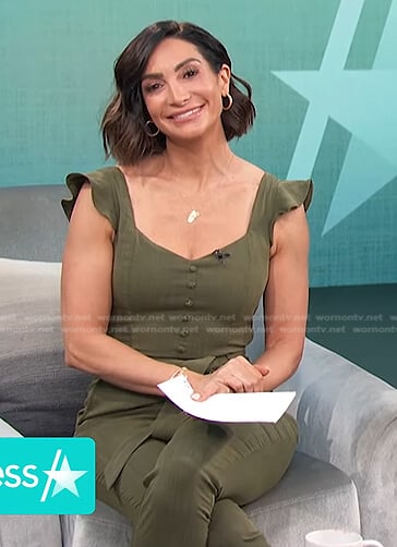 Courtney Lopez's green ruffle strap jumpsuit on Access Hollywood
