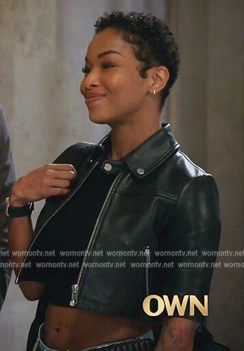 Dahlia's black leather cropped jacket on All Rise