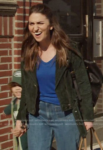 Dawn's dark green suede moto jacket on Girls5eva