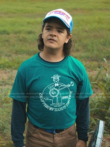 Dutin's green Craftsbury Banjo Contest print tee on Stranger Things