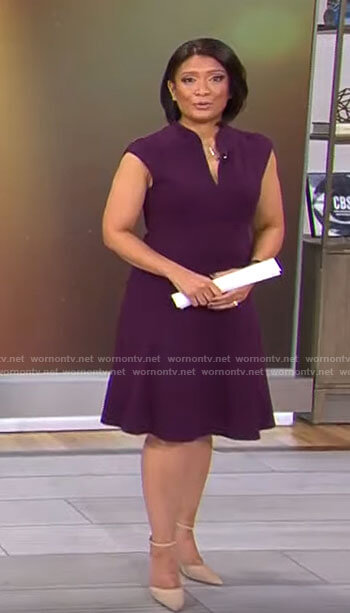 Elaine Quijano's purple split-neck dress on CBS Mornings