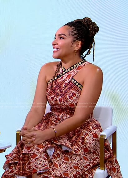 Emmy Raver-Lampman's brown printed halter neck dress on Good Morning America