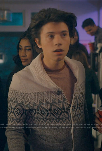 Felix's grey printed cardigan on Love Victor
