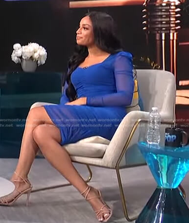 Francesca Amiker's blue ruched mesh dress on E! News Daily Pop