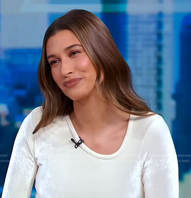 Hailey Bieber's white long sleeve slit dress on Good Morning America