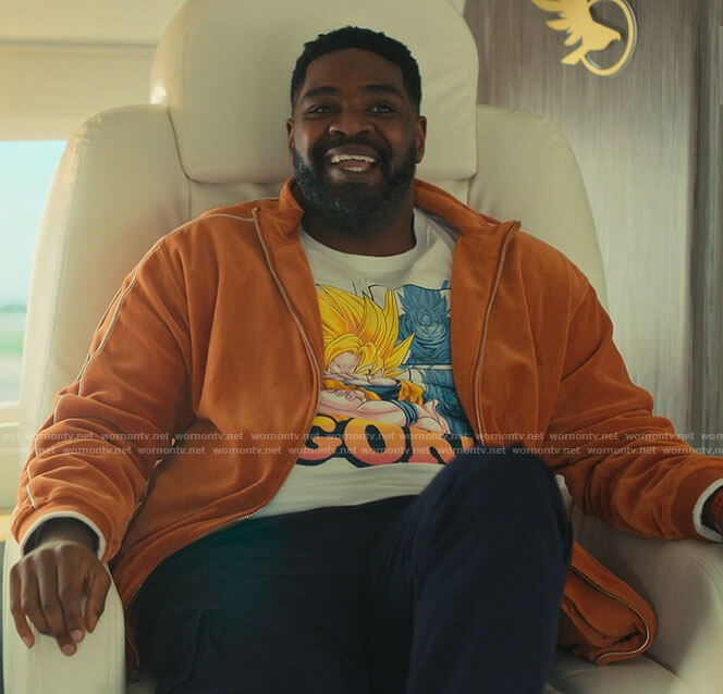 Howard's Goku t-shirt and orange velour jacket on Loot