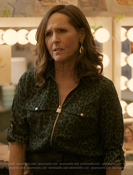 Jackie's green leopard print zip up shirt on I Love That For You