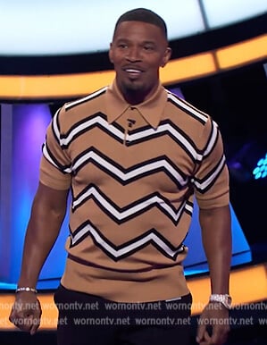 Jamie's beige chevron stripe polo on Beat Shazam