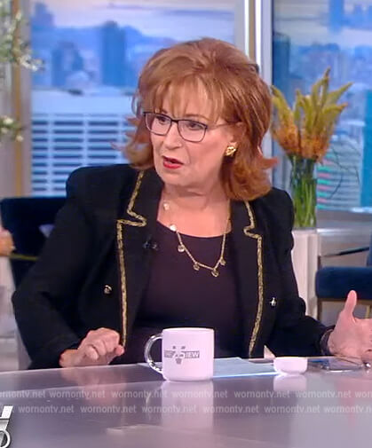 Joy's black blazer with gold contrast trim on The View