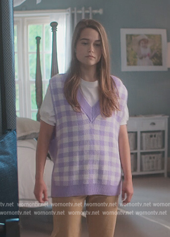Juliette's purple lavender check vest on First Kill