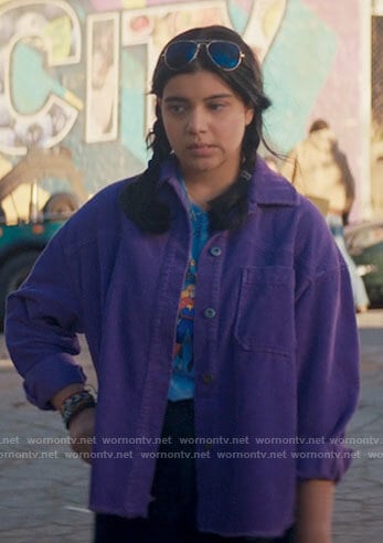 Kamala's purple corduroy shirt jacket and aviator sunglasses on Ms. Marvel