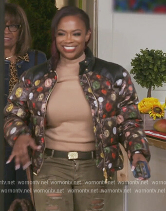 Kandi's black printed jacket on The Real Housewives of Atlanta