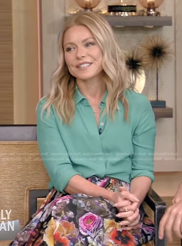 Kelly's green blouse and floral midi skirt on Live with Kelly and Ryan